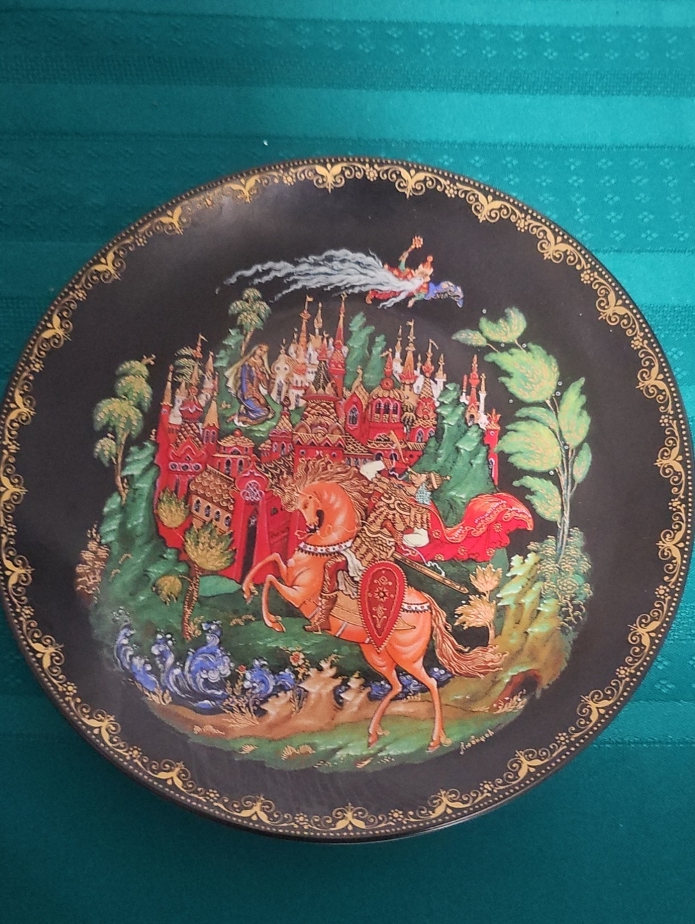 Hand-Painted Decorative Lacquer Plate with Horse and Castle Scene